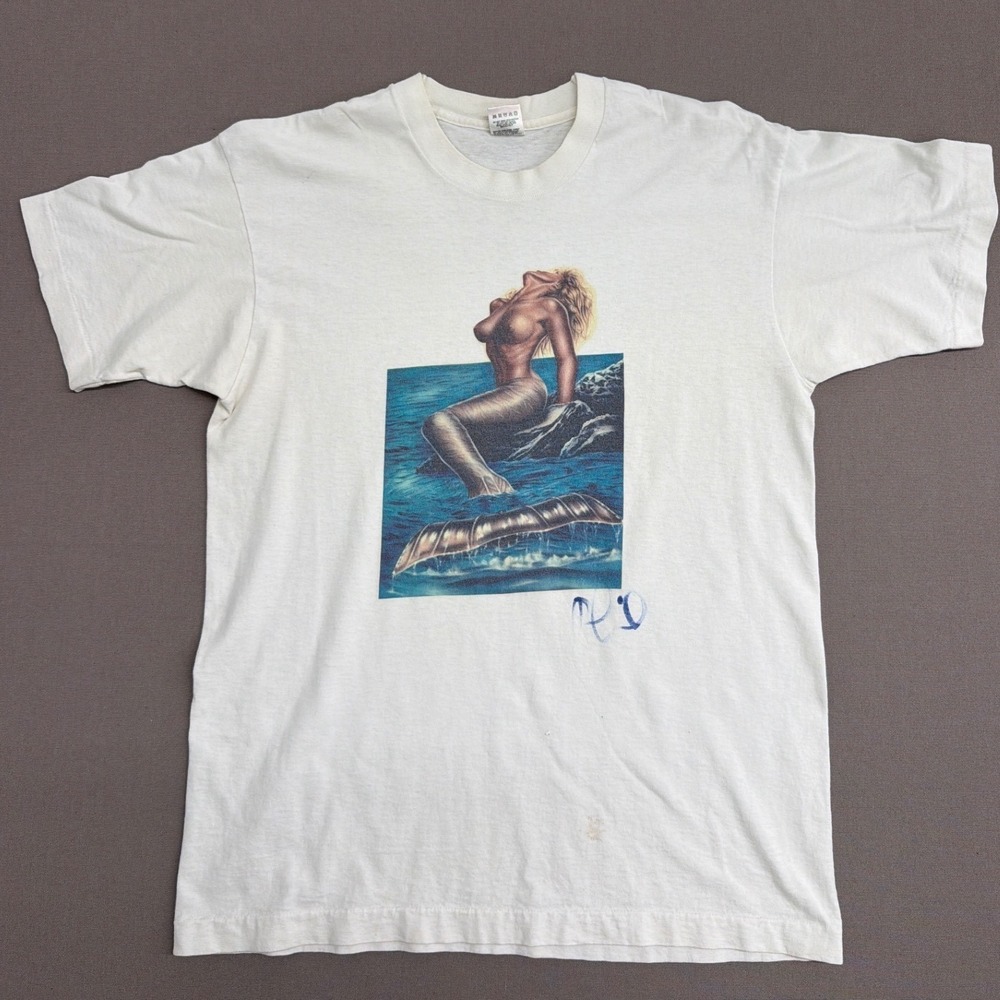Vintage Fruit of the Loom Mermaid Graphic‎ T-Shirt Mens Large White 90s Single